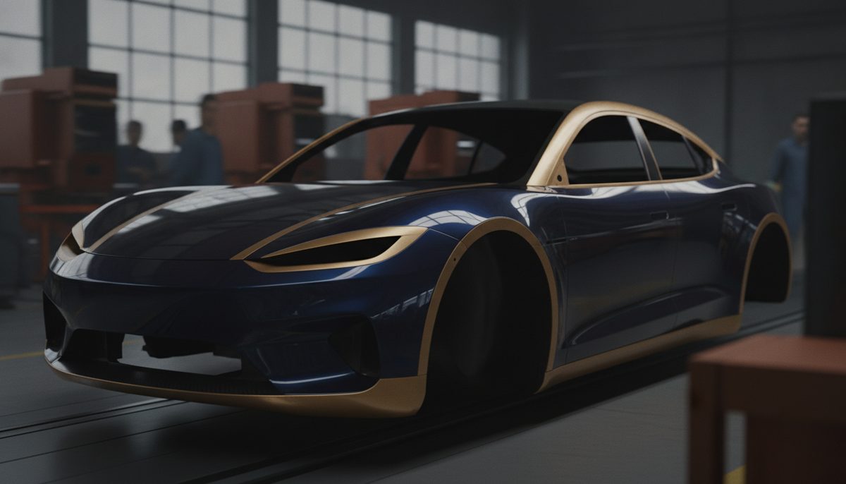 Carroceria de carro elétrico sem logotipos em linha de montagem, com luz natural industrial