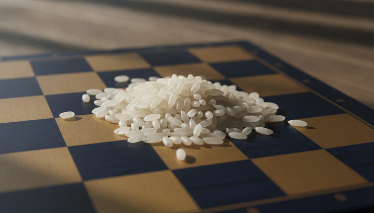 Grãos de arroz empilhados sobre algumas casas de um tabuleiro de xadrez de madeira
