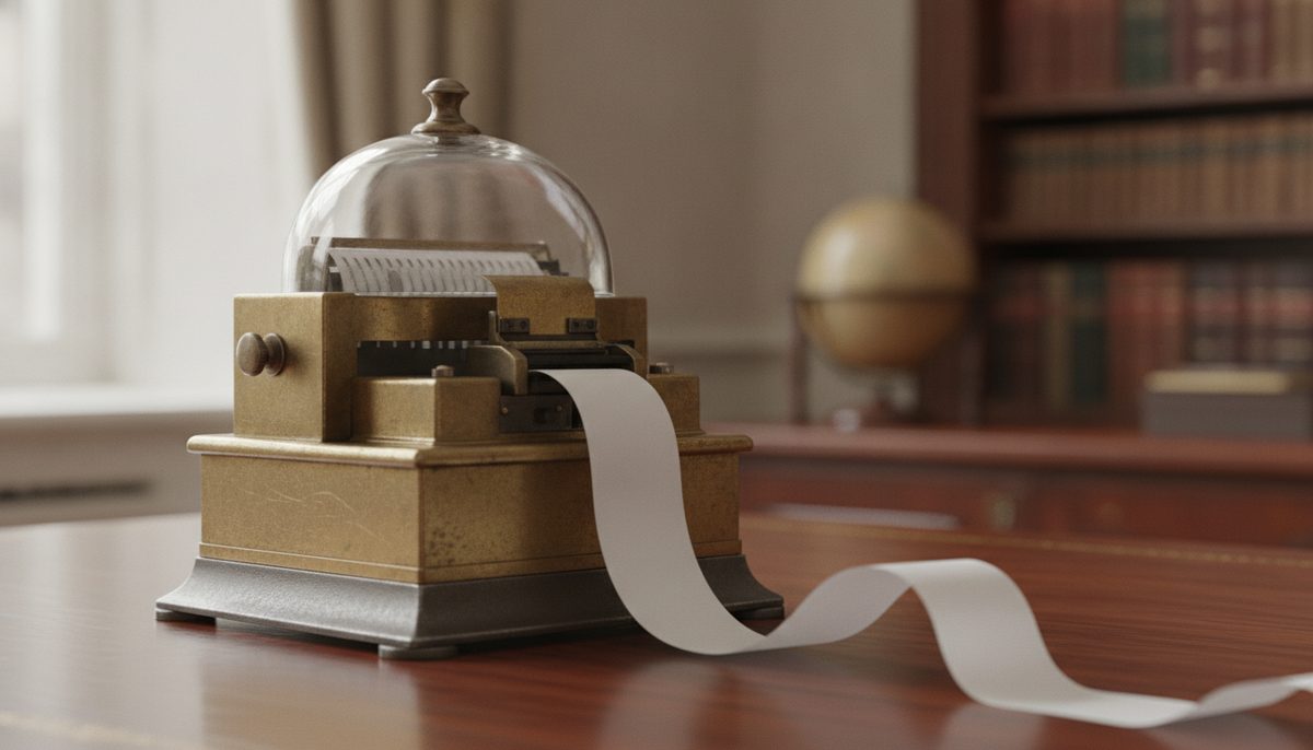Máquina antiga de telégrafo de cotações com fita de papel saindo, sobre mesa de madeira à luz do dia.