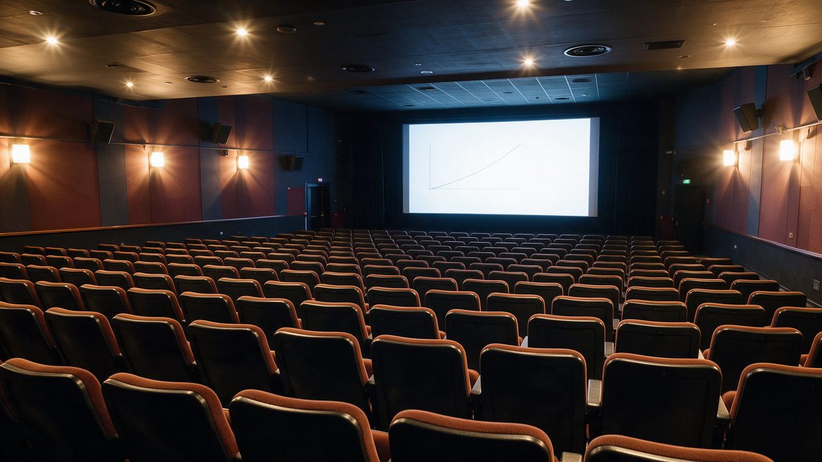 Poltronas de cinema vazias diante de uma tela acesa com a linha de um gráfico de preço.