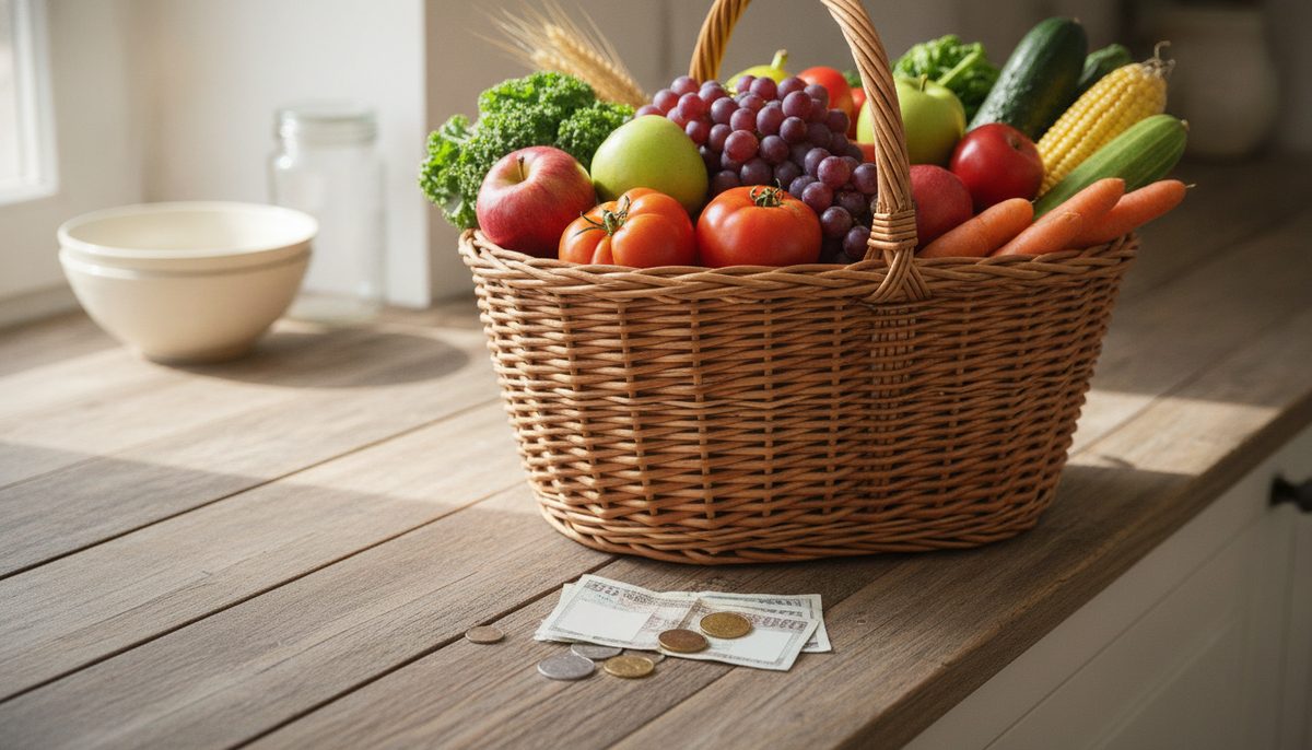 Cesta de compras com alimentos ao lado de notas e moedas sobre uma mesa de madeira, à luz natural