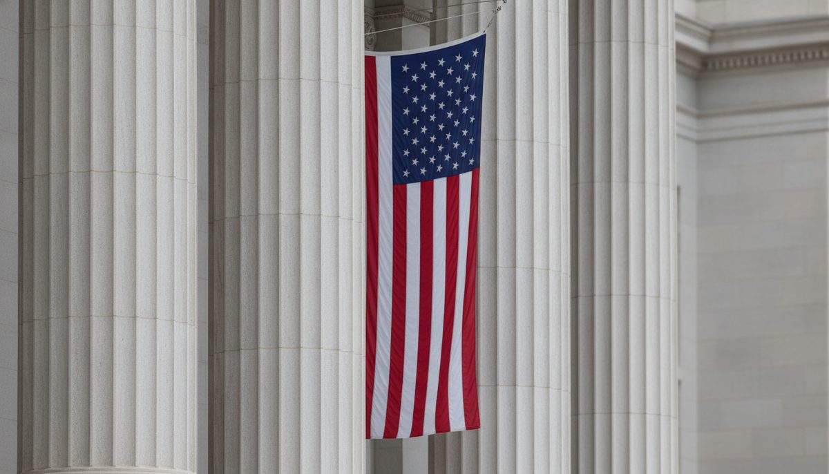 Bandeira dos Estados Unidos entre colunas de pedra de um prédio neoclássico, sob luz do dia