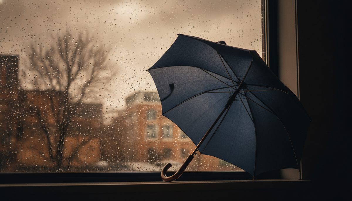 Guarda-chuva apoiado perto de uma janela enquanto uma tempestade passa lá fora