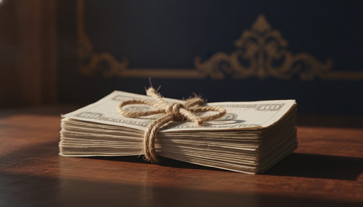 Pilha de notas antigas de papel branco amarradas com barbante sobre uma mesa de madeira, à luz natural