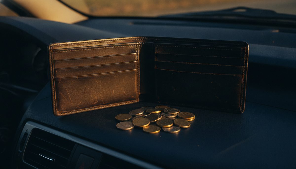 Carteira de couro aberta com algumas moedas sobre o painel de um carro, à luz da manhã