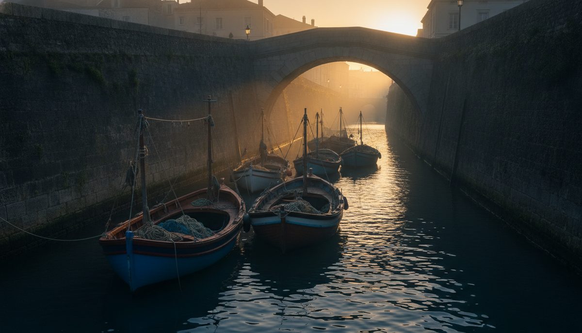 Canal estreito com poucos barcos enfileirados esperando para passar sob uma ponte baixa