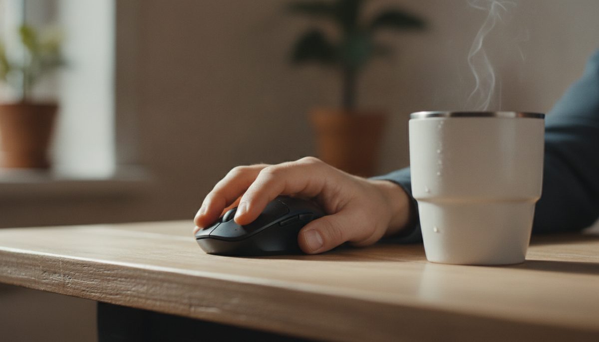 Mão tensa sobre o mouse ao lado de um café esfriando em mesa de madeira iluminada por luz natural