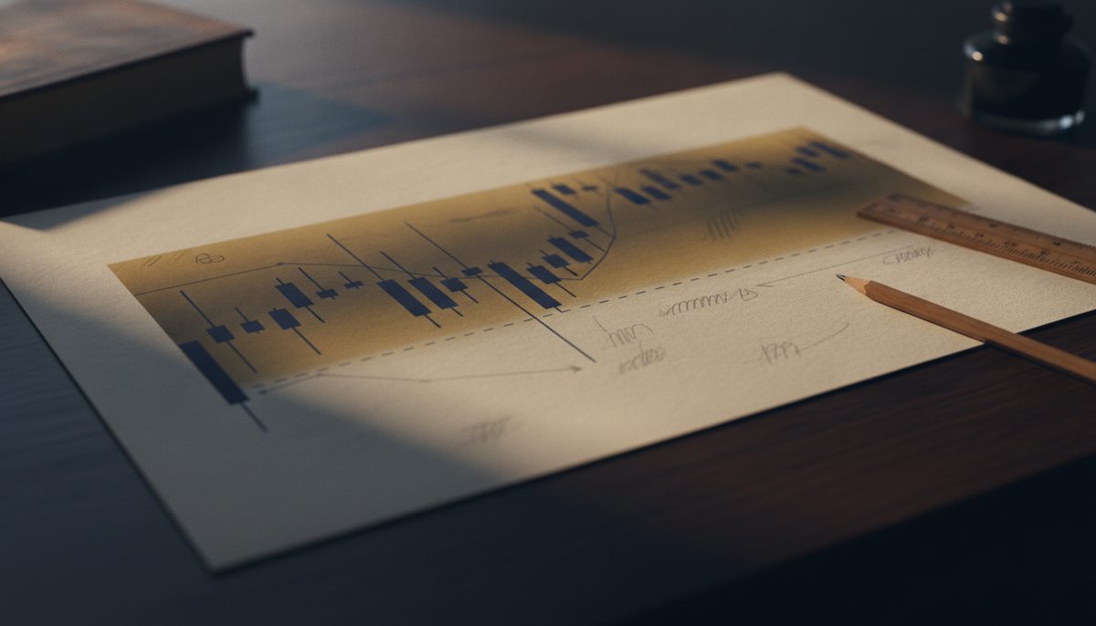 Gráfico de candlestick impresso em papel, com régua e lápis ao lado, sobre uma mesa de madeira.